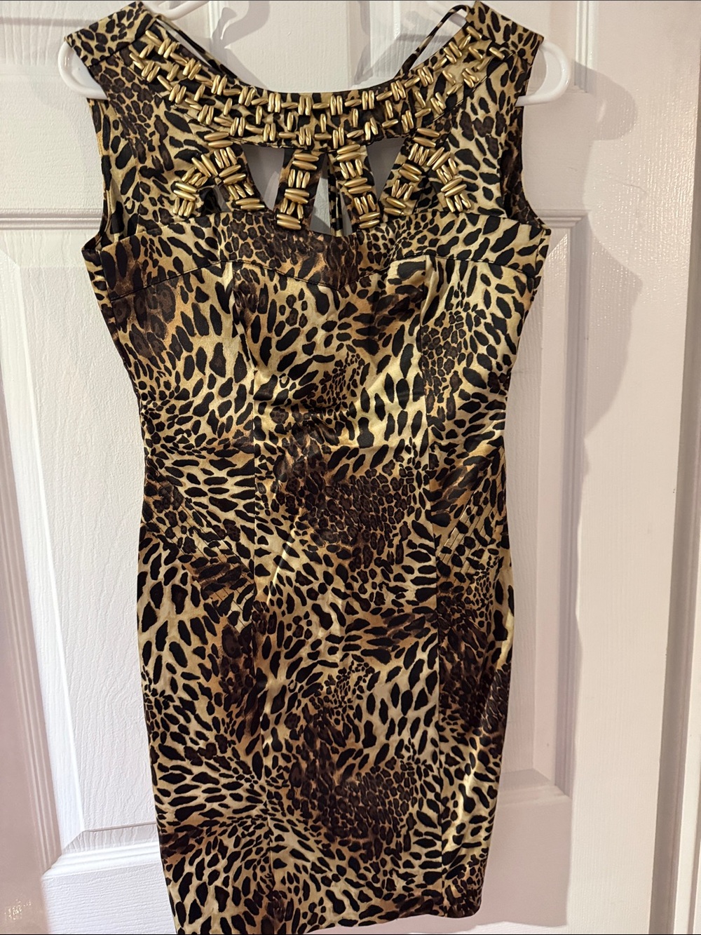 XOXO Leopard-Print Midi Dress with Gold Beaded Neckline